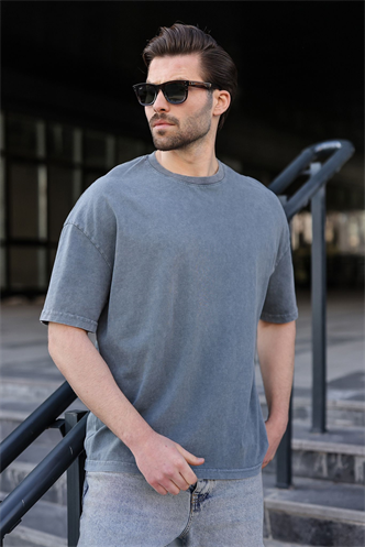 Gri %100 Pamuklu Oversize Erkek Tişört E7178