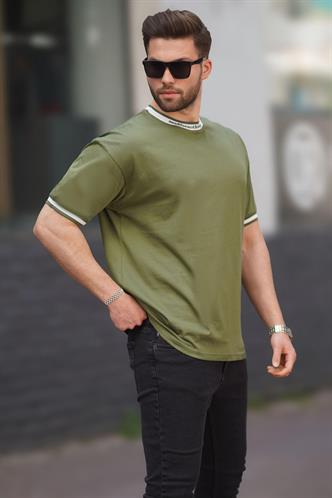 Haki Bisiklet Yaka ŞeritliTişört 7022