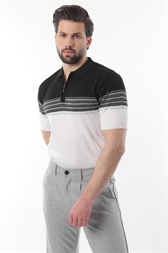 Siyah Fermuarlı Polo Yaka Desenli Erkek T-shirt E7296