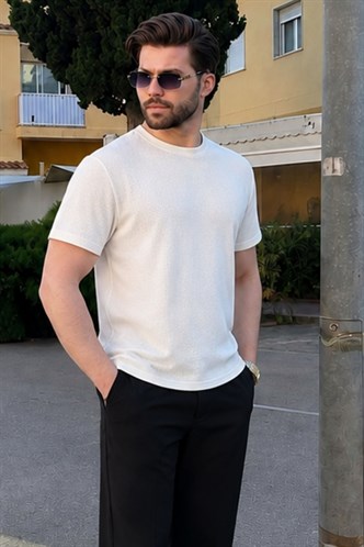 Madmext Ekru Bisiklet Yaka Oversize Erkek T-shirt E7134