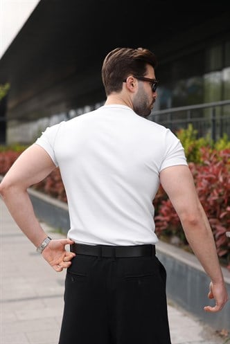 Beyaz Yarım Düğmeli Slim Fit Erkek Tişört E7186