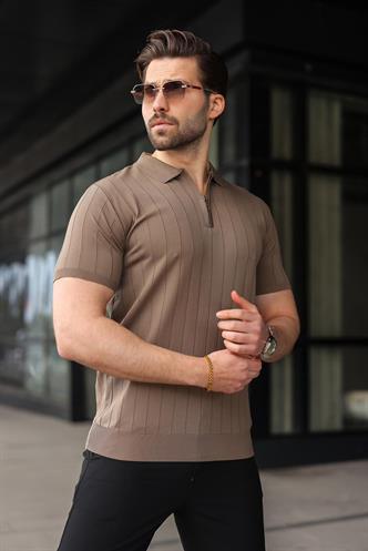 Açık Kahverengi Yarım Fermuarlı Polo Yaka Triko Erkek Tişört E7298