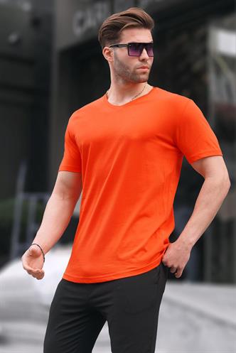 Madmext Basic V Yaka Turuncu Tişört 5281