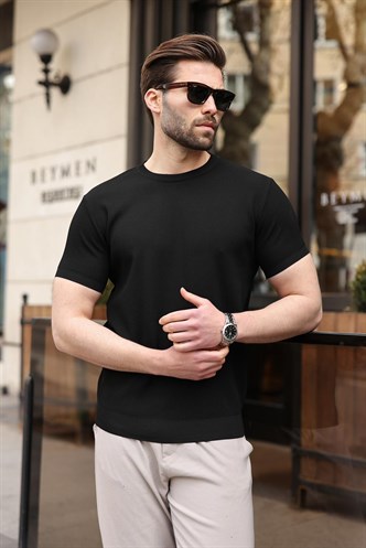 Siyah Bisiklet Yaka Fitilli Erkek Tişört E7474