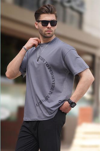 Füme Bisiklet Yaka Baskılı Kısa Kollu Overfit Tişört 7040