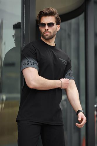 Siyah %100 Pamuklu Baskılı Erkek Tişört E7143