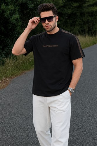 Siyah Bisiklet Yaka Baskılı Erkek T-shirt E7110