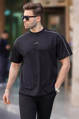 Siyah Oversize Bisiklet Yaka Tişört 7009