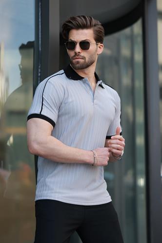 Boyalı Gri Desenli Polo Yaka Triko Erkek Tişört E7155