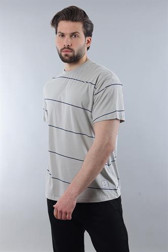 Boyalı Gri Bisiklet Yaka Basic Çizgili Erkek T-shirt E7102