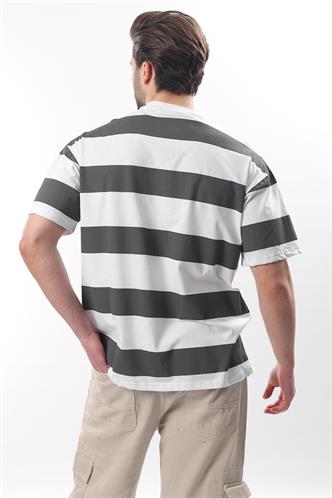 Füme Oversize Renk Bloklu Bisiklet Yaka Kısa Kollu Tişört 7030