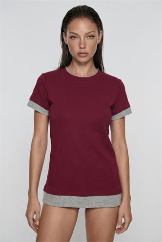 Bordo Bisiklet Yaka Çift Renkli Basic Tişört MG2682