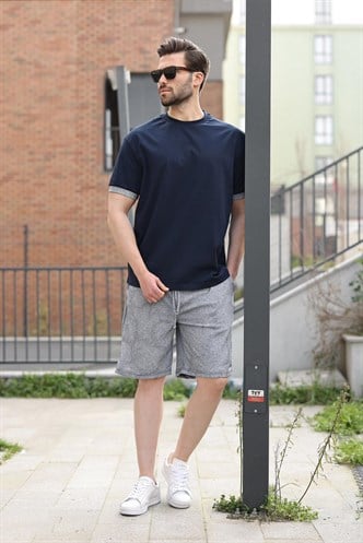 Lacivert %100 Pamuklu Bisiklet Yaka Şort Tişört Takım E7359
