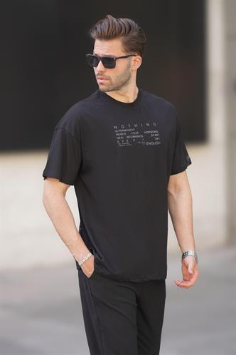 Siyah Overfit Bisiklet Yaka Sırt Baskılı Kısa Kollu Erkek Tişört 7037