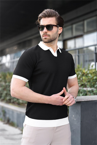 Siyah Polo Yaka Triko Erkek Tişört E7464
