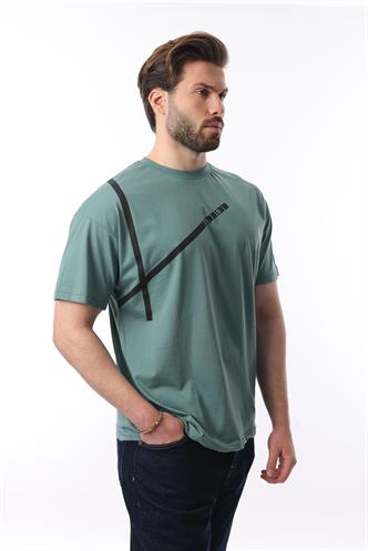 Yeşil Bisiklet Yaka Şerit Detaylı Pamuklu Erkek T-shirt E7033