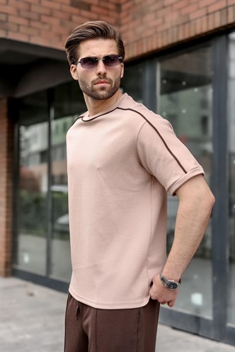 Camel Şerit Detaylı Modern Kesim Erkek Tişört E7182