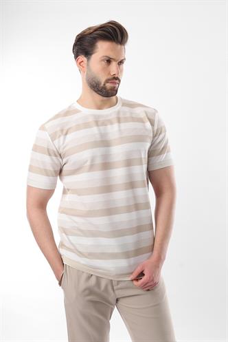 Bej Bisiklet Yaka Çizgili Erkek T-shirt E7118