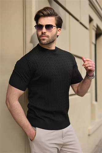 Siyah Bisiklet Yaka Triko Erkek Tişört E7468