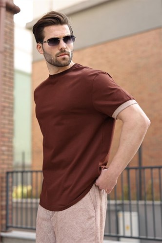 Acı Kahverengi %100 Pamuklu Bisiklet Yaka Şort Tişört Takım E7359