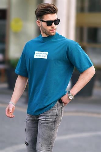 Petrol Mavisi Yalancı Dik Yaka Oversize Erkek Tişört 7005
