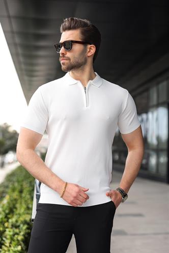 Beyaz Yarım Fermuarlı Polo Yaka Triko Erkek Tişört E7459