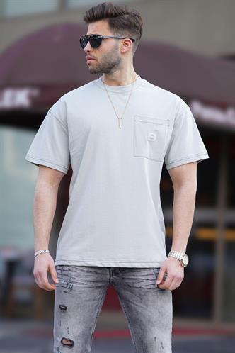 Boyalı Gri Oversize Cep Detaylı Erkek Tişört 7001