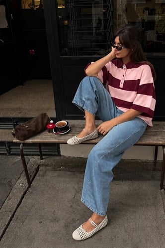 Bordo Çizgili  Polo Yaka Basic Kadın Tişört MG2833