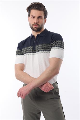 Lacivert Fermuarlı Polo Yaka Desenli Erkek T-shirt E7296
