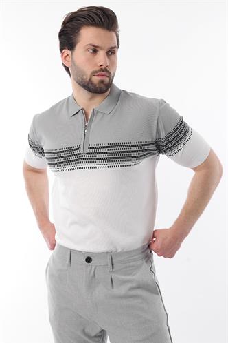 Gri Fermuarlı Polo Yaka Desenli Erkek T-shirt E7296
