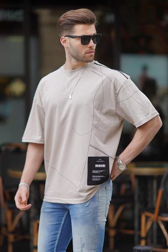 Taş Rengi Desenli Oversize Erkek Tişört 7004