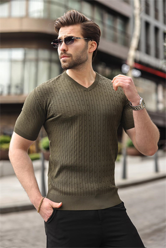 Haki V Yaka Kısa Kollu Triko Erkek Tişört E7467