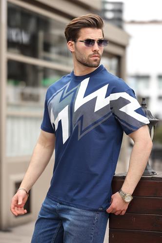 Lacivert Baskılı %100 Pamuk Erkek T-shirt E7111