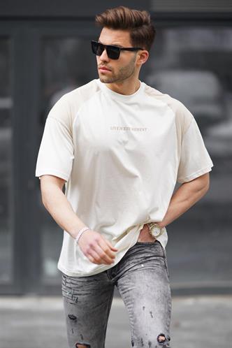 Ekru Bisiklet Yaka Oversize Tişört 7002