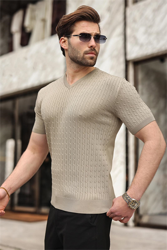 Vizon V Yaka Kısa Kollu Triko Erkek Tişört E7467