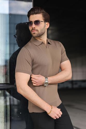 Açık Kahverengi Polo Yaka Triko Erkek Tişört E7461