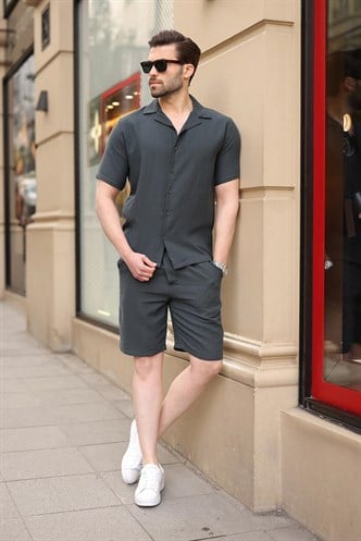 Füme %100 Pamuklu Erkek Şort Gömlek Takım E7361