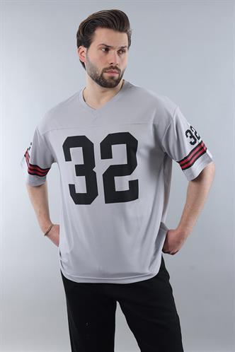 Boyalı Gri Baskılı V Yaka Erkek Tişört E5838