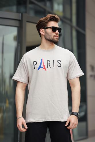 Bej %100 Pamuklu Baskılı Erkek Tişört E7146