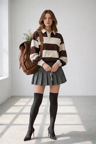 Bej Çizgili Düğmeli Polo Yaka Kadın Uzun Kollu Tişört  MG2586