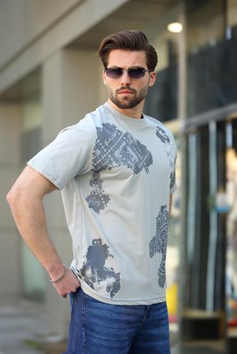 Boyalı Gri %100 Pamuklu Desenli Erkek Tişört E7142