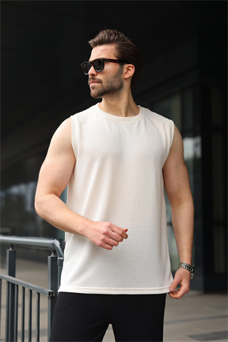 Ekru Bisiklet Yaka Jakarlı Kolsuz Erkek Tişört E7180