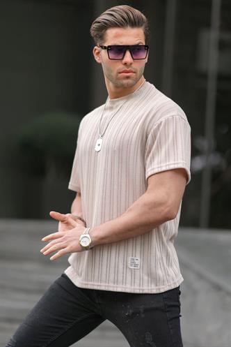 Bej Oversize Bisiklet Yaka Erkek Tişört 6179