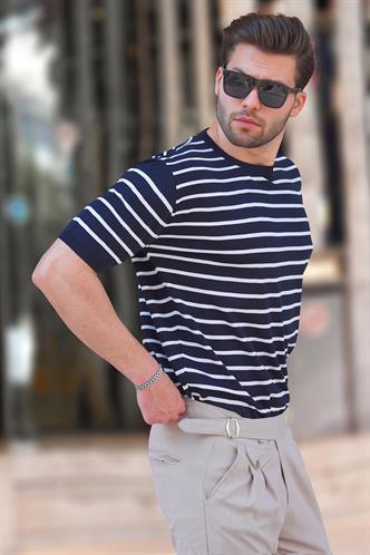 Lacivert Bisiklet Yaka Çizgili Kısa Kollu Erkek Tişört 6884