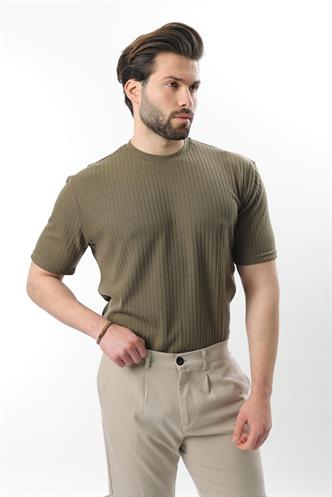 Haki Dokulu Çizgi Tasarım Bisiklet Yaka Erkek T-shirt E7122