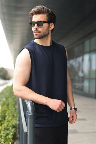 Lacivert Bisiklet Yaka Jakarlı Kolsuz Erkek Tişört E7180