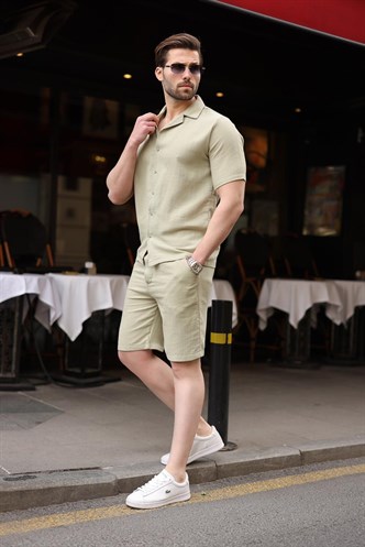 Mint Yeşili %100 Pamuklu Erkek Şort Gömlek Takım E7361