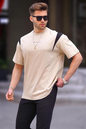 Bej Oversize Bisiklet Yaka Tişört 7003