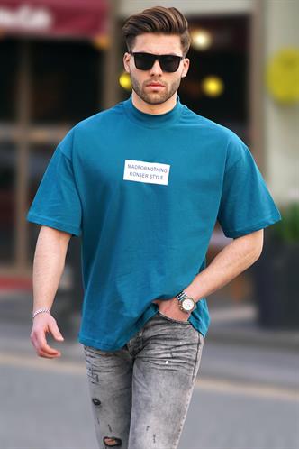 Petrol Mavisi Yalancı Dik Yaka Oversize Erkek Tişört 7005