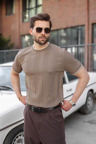Açık Kahverengi Bisiklet Yaka Regular Fit Triko Erkek Tişört E7487